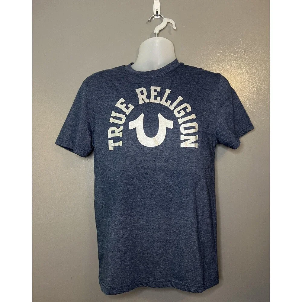 True Religion Shirt Mens Medium Blue Graphic Logo Short Sleeve Casual Tee